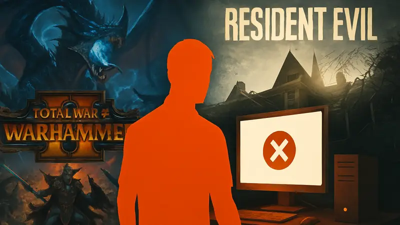 Обложка Total War Warhammer 2 и логотип Resident Evil, с намеком на технические проблемы на ПК.