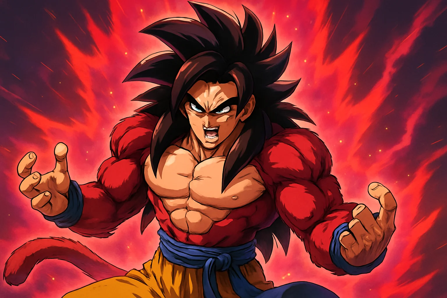 Гоку в форме Супер Саян 4 из Dragon Ball Z: Kakarot, демонстрирующий свою мощь и ауру.