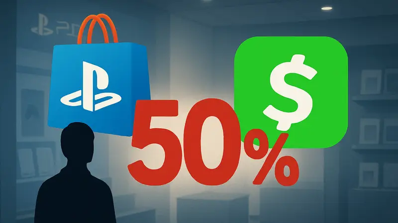 Логотипы PlayStation Store и Cash App с надписью «Скидка 50%».
