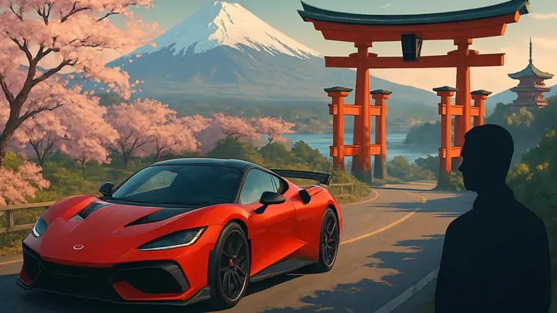 Автомобиль гоночной серии Forza Horizon на фоне японского пейзажа