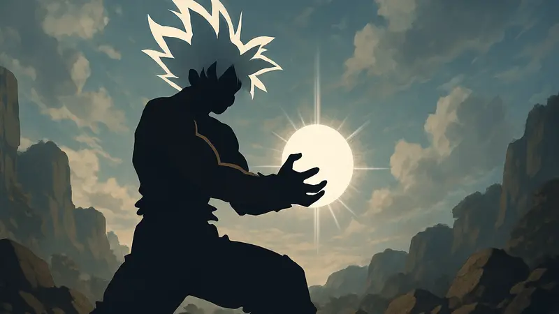 Гоку из Dragon Ball в форме Ультра Инстинкта, готовящийся использовать одну из своих мощных техник.