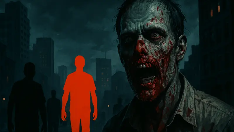 Зомби из Resident Evil с окровавленным лицом на фоне темного города