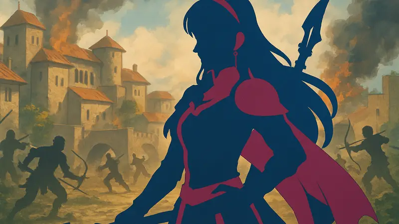 Персонаж из Fire Emblem: Fortune’s Weave с оружием на фоне боевых сцен
