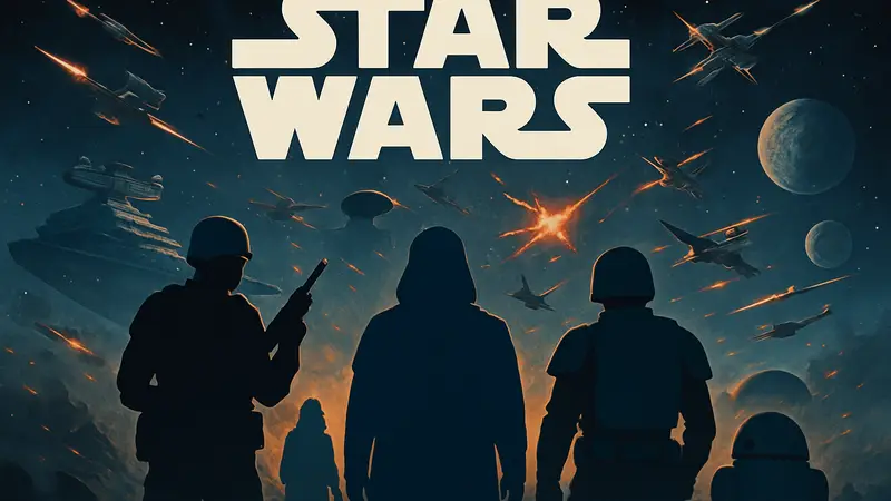 Персонажи Star Wars Galaxies на фоне космического сражения и логотип Star Wars