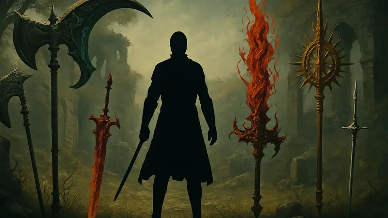 Игровой арт с изображением различных видов оружия из DLC Shadow of the Erdtree для Elden Ring.
