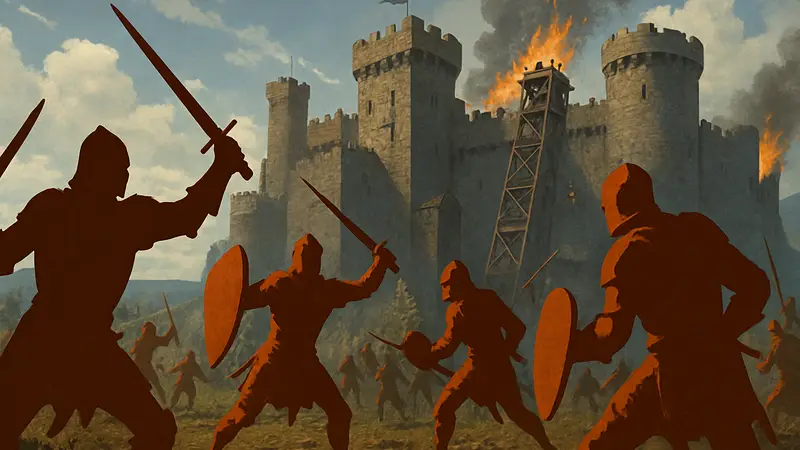 Скриншот из средневековой MMO Gloria Victis, рыцари в бою, осада замка.
