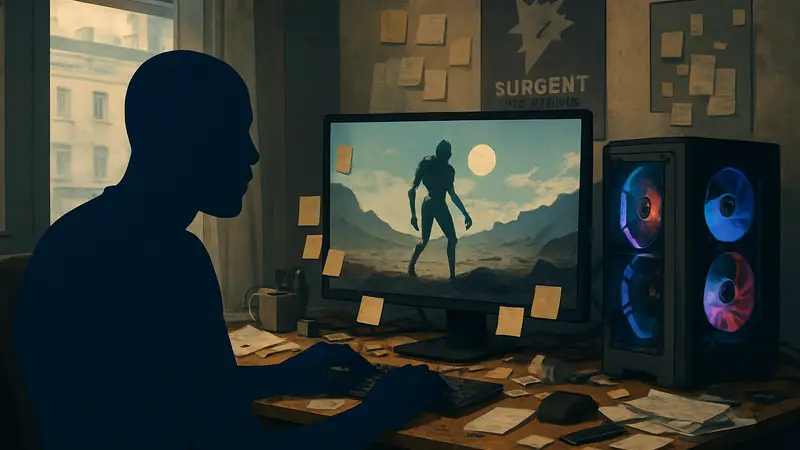 Абубакар Салим за своим игровым ПК, с беспорядком на рабочем столе