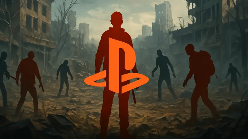 Игровой момент State of Decay 3: выжившие, зомби, разрушенный город. Символ перехода на PS5.