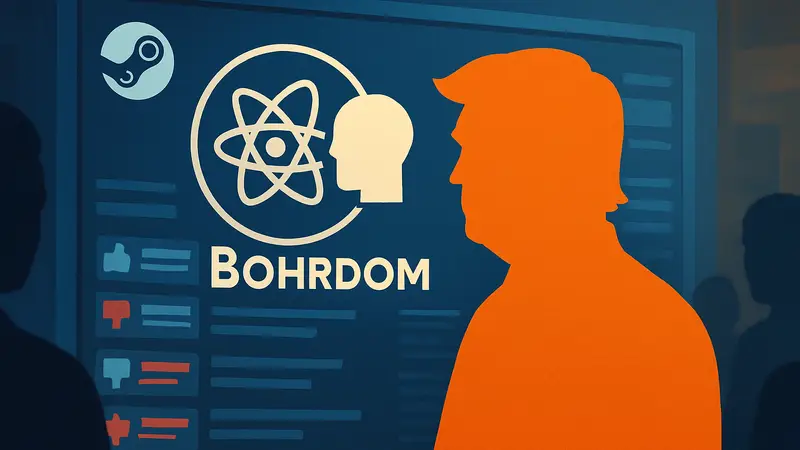 Логотип игры Bohrdom на платформе Steam, на фоне отзывов пользователей