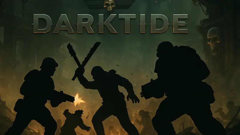 Персонажи Warhammer 40k Darktide в хаотичной битве, на фоне логотипа игры