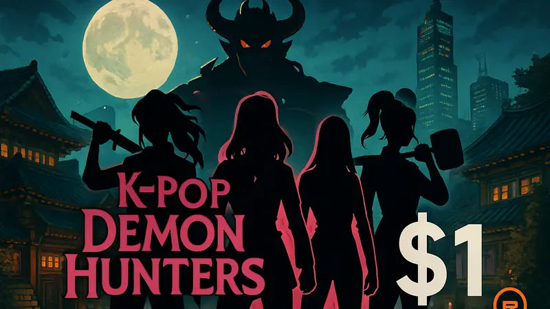 Постер KPop Demon Hunters с персонажами, надпись $1 и логотип Regal Cinemas