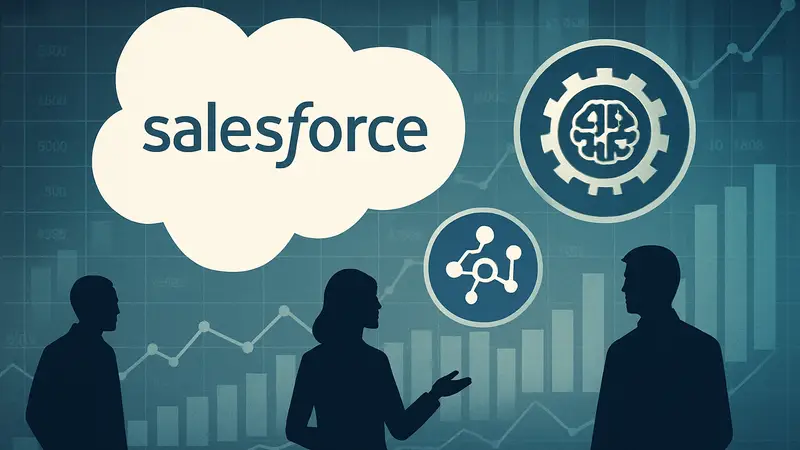 Логотип Salesforce и символы искусственного интеллекта на фоне бизнес-графиков.