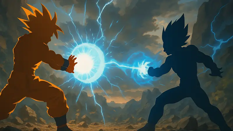 Гоку и Вегета из Dragon Ball Super используют мощные атаки. Сцена сражения с энергией.