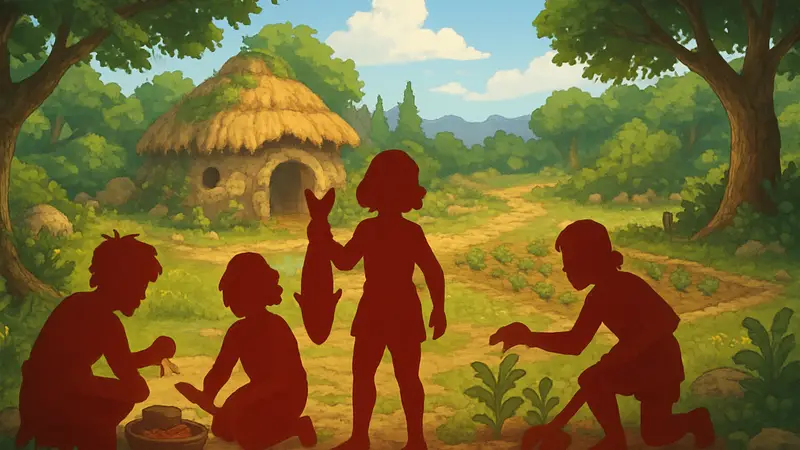 Скриншот из игры Roots of Pacha, демонстрирующий кооперативный геймплей и уютную атмосферу