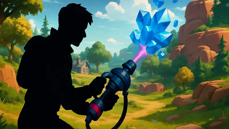Игрок использует Портативный Экстрактор в Fortnite для сбора ресурсов, Спрайтов
