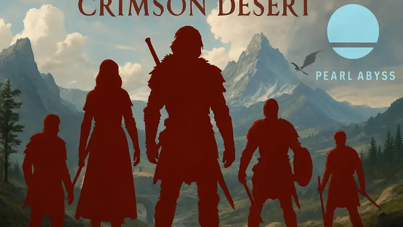 Герои Crimson Desert на фоне эпического пейзажа, логотип Pearl Abyss.