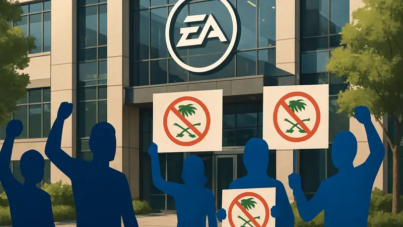 Протестующие у здания штаб-квартиры Electronic Arts с плакатами против сделки с Саудовской Аравией
