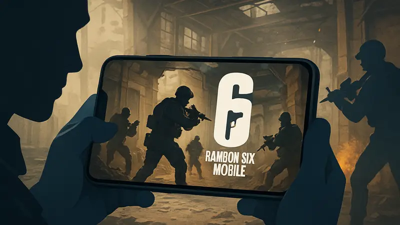 Логотип Rainbow Six Mobile на экране смартфона с изображением тактического боя, символизирующий мобильный гейминг.