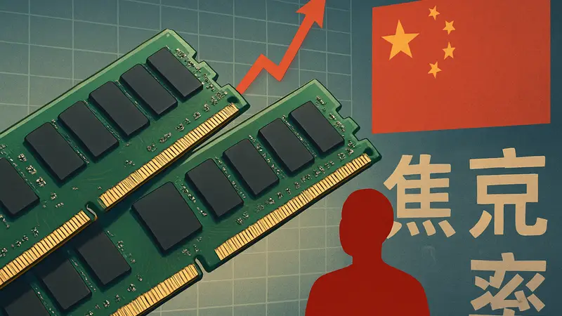 Модули оперативной памяти DDR5 крупным планом, на фоне графика роста цен и китайские иероглифы.