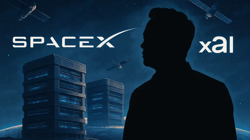 Илон Маск на фоне логотипов SpaceX и xAI, космические дата-центры и спутники