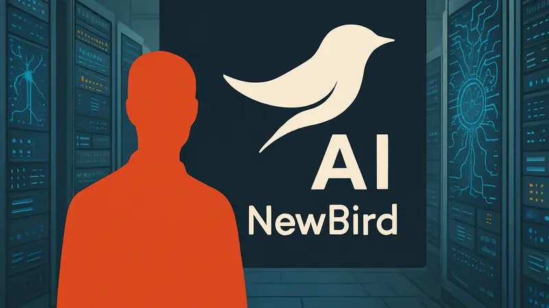 Логотип NewBird AI на фоне ИИ-серверов: Allbirds меняет направление