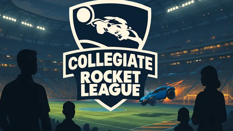 Логотип Collegiate Rocket League на фоне стадиона с игрой Rocket League, символизирующий возвращение.