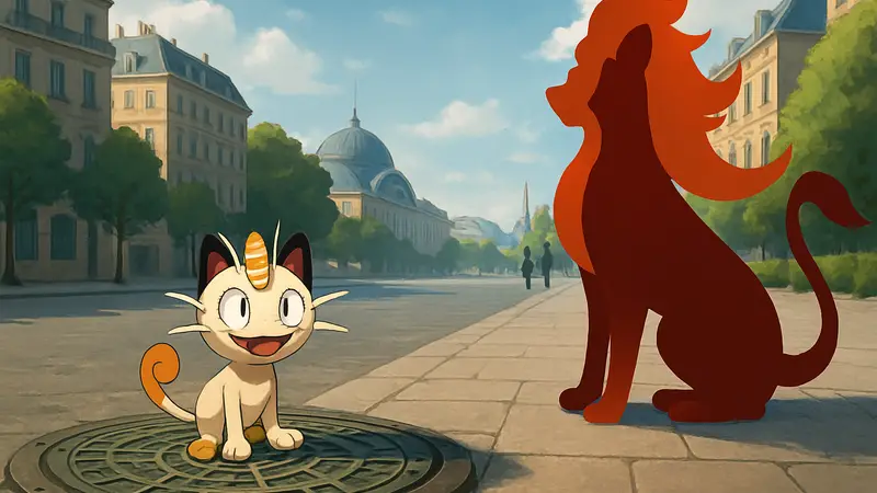 Покемон Мяут на люках и самка Пироара в Pokemon Legends Z-A, район Руж