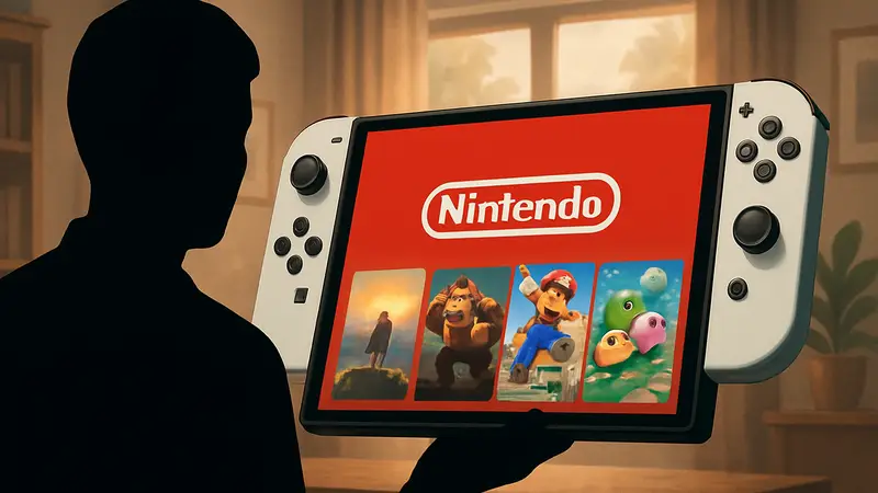 Консоль Nintendo Switch 2 с логотипом Nintendo на экране, демонстрирующая игровые обложки.