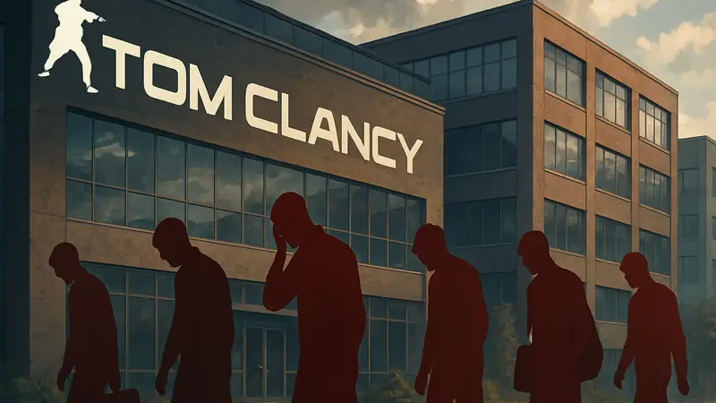 Логотип Tom Clancy и силуэты уволенных разработчиков на фоне здания студии, символизирующие кризис