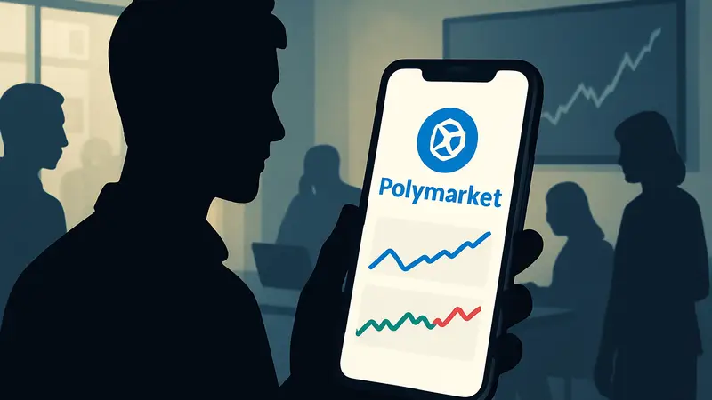 Изображение смартфона с логотипом Polymarket и графиками ставок