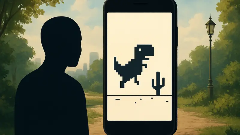 Пиксельный динозаврик из Google Chrome, перепрыгивающий через кактус в мобильной игре.