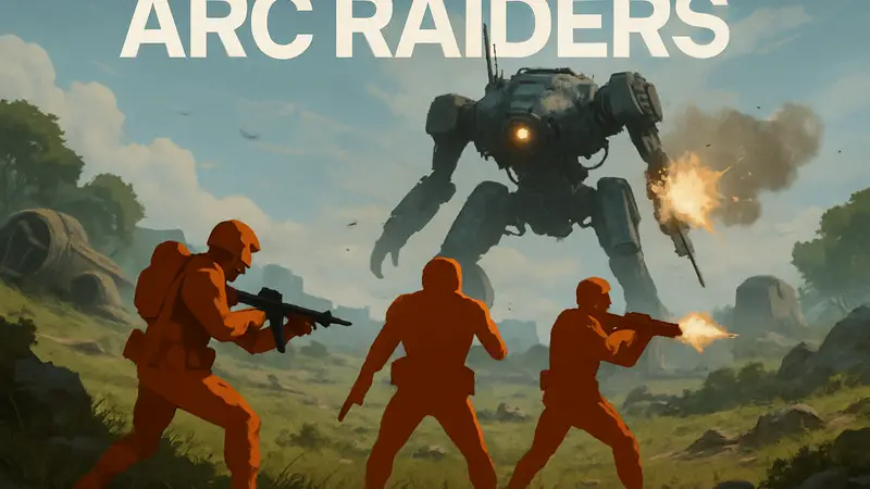 Обложка игры ARC Raiders, персонажи в футуристической броне, сцена боя в игре