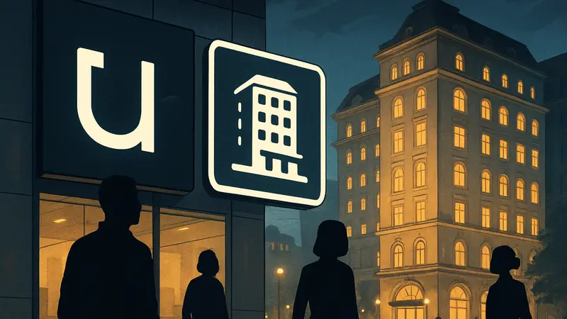 Логотип Uber и значок отеля, символизирующие расширение услуг компании.