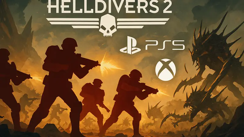 Десантники из Helldivers 2 в бою, логотип игры и консолей