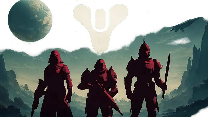Изображение логотипа Destiny на фоне космических пейзажей. Персонажи из игры Destiny.