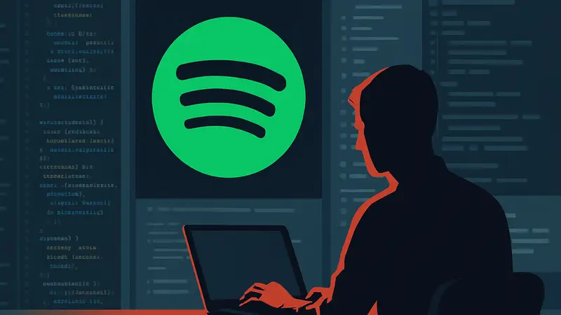 Логотип Spotify на фоне кода или интерфейса разработчика, символизирующий изменения в API