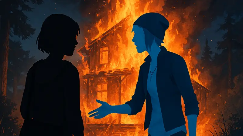 Макс и Хлоя из Life is Strange Reunion обсуждают поджог, стоя перед огнём.