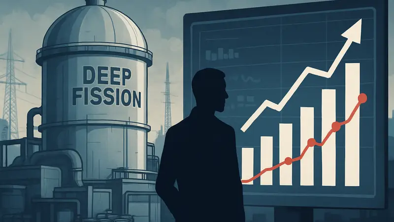 Ядерный реактор Deep Fission, символизирующий стартап, и графики IPO, отражающие инвестиции и технологии.