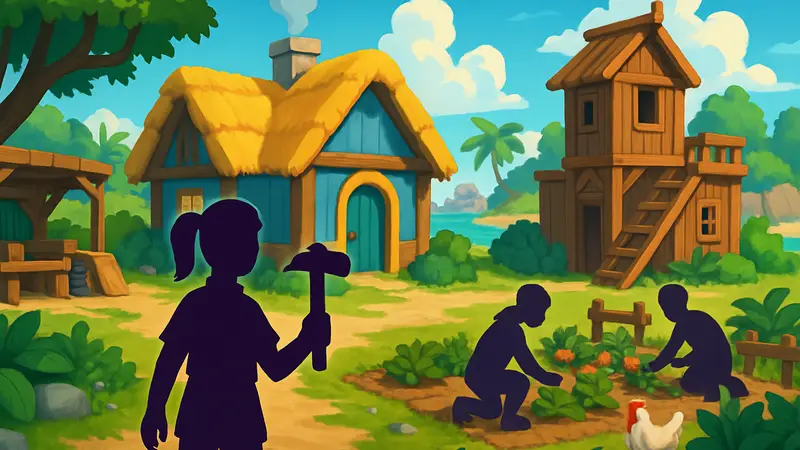 Яркий скриншот из игры Starsand Island с элементами уютного симулятора и строительства.