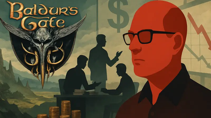 Логотип игры Baldur's Gate 3 и портрет Трента Остера из BioWare на фоне проблем с финансированием