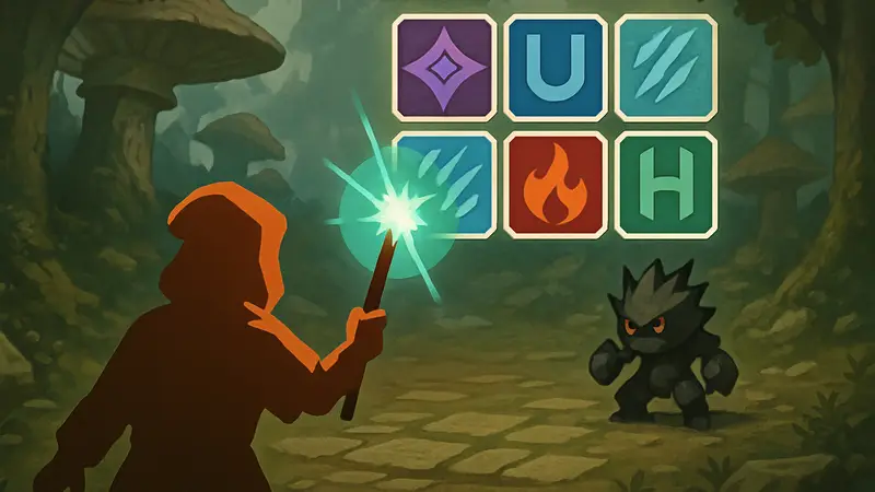 Скриншот игры Rhell: Warped Worlds & Troubled Times с персонажем, комбинирующим руны для создания заклинания.