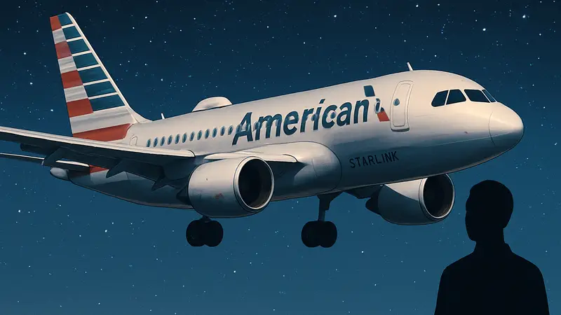 Самолет American Airlines с логотипом Starlink на фоне звездного неба