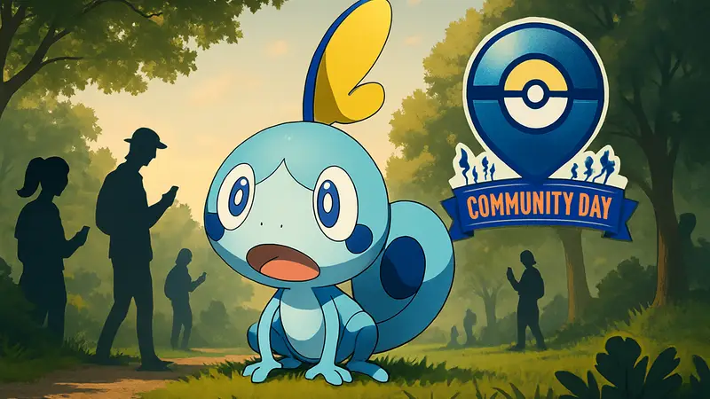 Покемон Соббл (Sobble) в Pokémon Go с логотипом Дня сообщества.