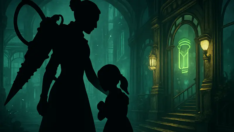 Косплеер Gingeran в образе Элеоноры Лэмб из BioShock 2 в подводном городе Восторг, защищающая Маленьких Сестричек.