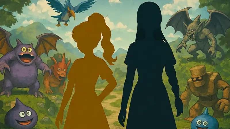 Бьянка и Нера из Dragon Quest Monsters: The Withered World на фоне монстров.