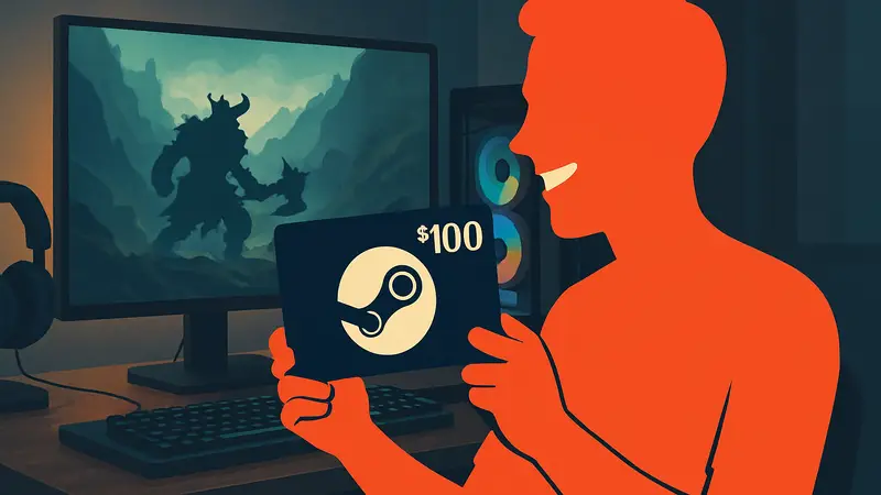 Счастливый геймер держит в руках $100 Steam подарочную карту на фоне игрового компьютера.
