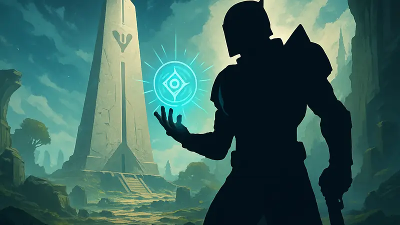 Страж Destiny 2 с новым артефактом на фоне Монумента триумфа, демонстрирующий мощные перки.