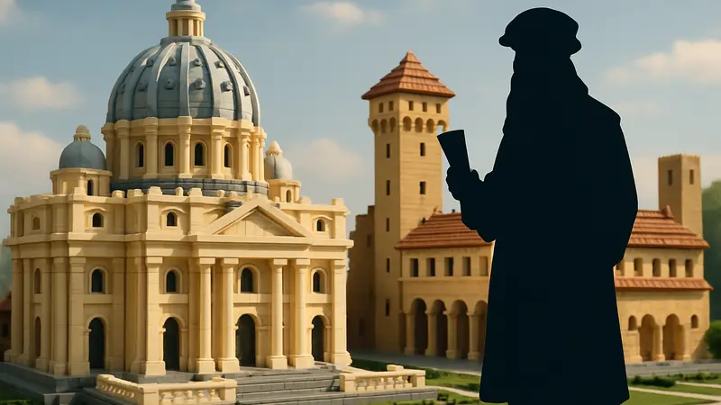 Иллюстрация самого большого набора LEGO, возможно, на тему архитектуры или истории, с миниатюрой Леонардо да Винчи
