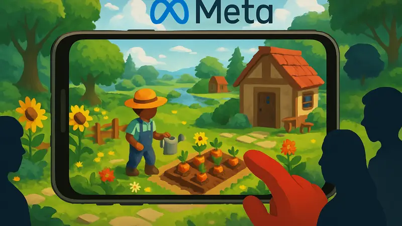 Концепт мобильного метавселенной Meta, напоминающий стилистику Roblox, с игрой Grow A Garden.
