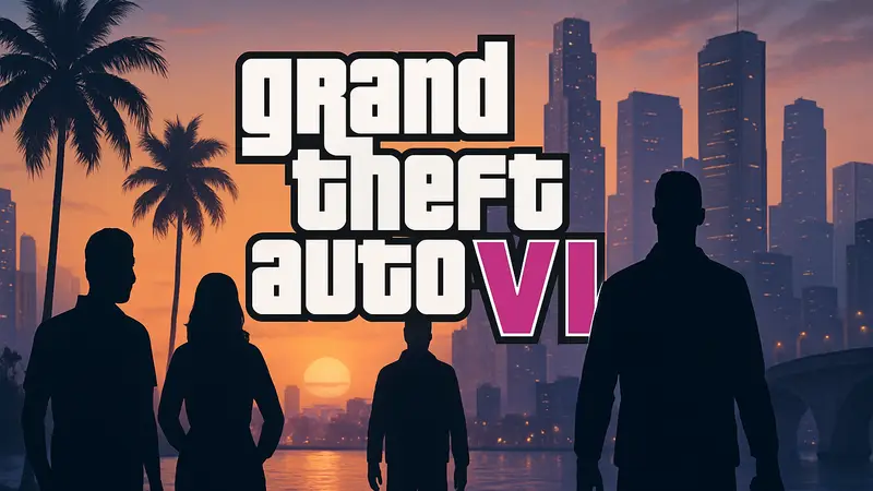 Логотип Grand Theft Auto 6 на фоне силуэтов персонажей или городcкого пейзажа